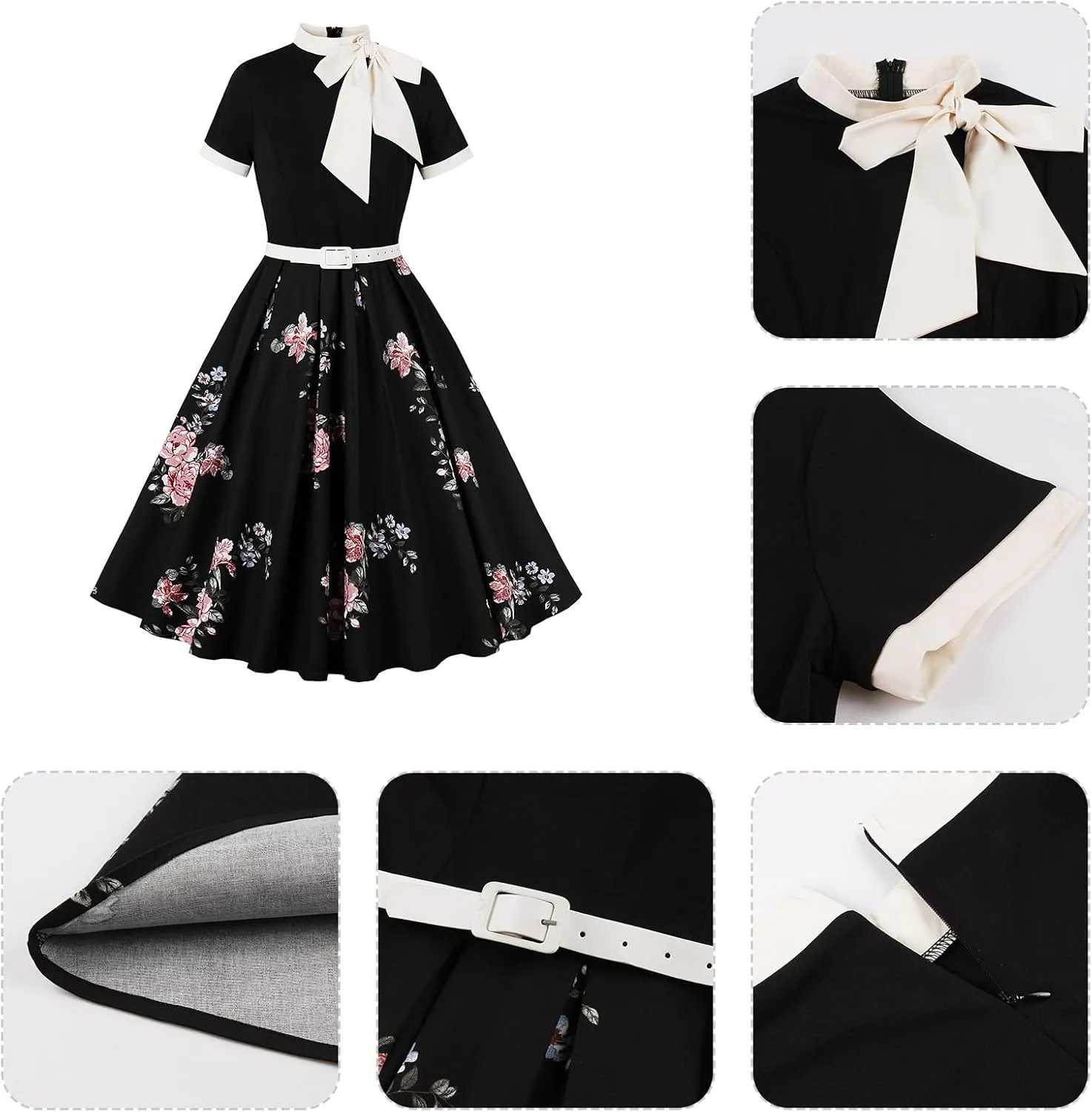 50s Style Dresses for Women Vintage Short Sleeve Tie Neck Swing Dress Midi Prom Dress with Belt