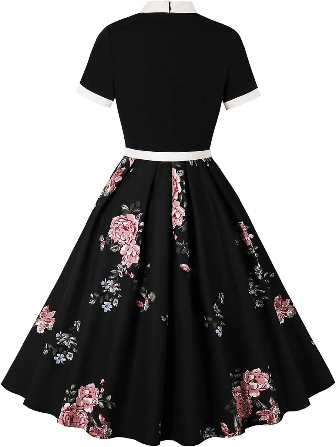 50s Style Dresses for Women Vintage Short Sleeve Tie Neck Swing Dress Midi Prom Dress with Belt