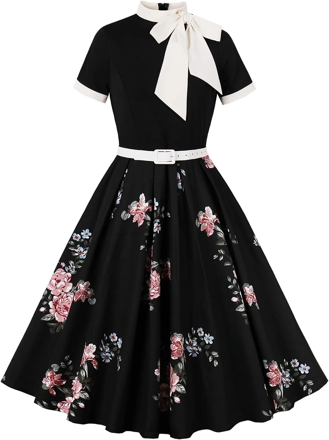 50s Style Dresses for Women Vintage Short Sleeve Tie Neck Swing Dress Midi Prom Dress with Belt