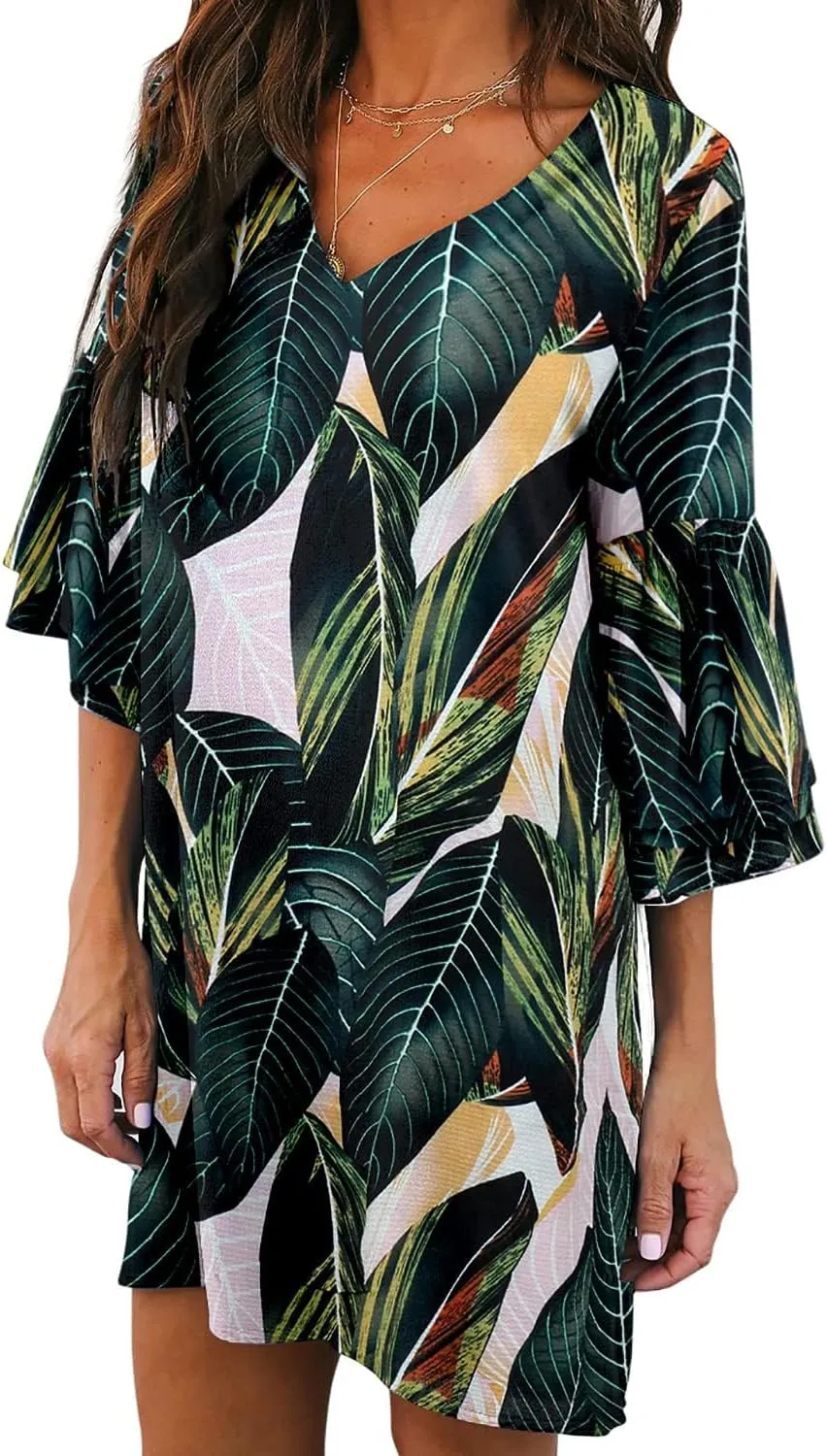 BELONGSCI Women's 2025 Summer Dress Sweet & Cute V-Neck Bell Sleeve Mini Shift Dress, Perfect for Wedding or Graduation