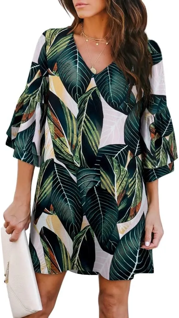 BELONGSCI Women's 2025 Summer Dress Sweet & Cute V-Neck Bell Sleeve Mini Shift Dress, Perfect for Wedding or Graduation