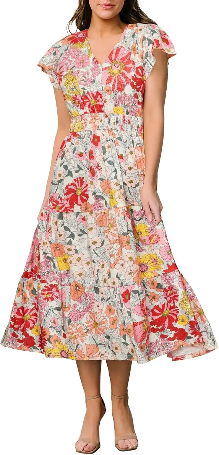 BerryGo Women's Floral Boho Ruffle Summer Midi Dress Short Sleeve V Neck Empire Waist Swing Flowy Dress