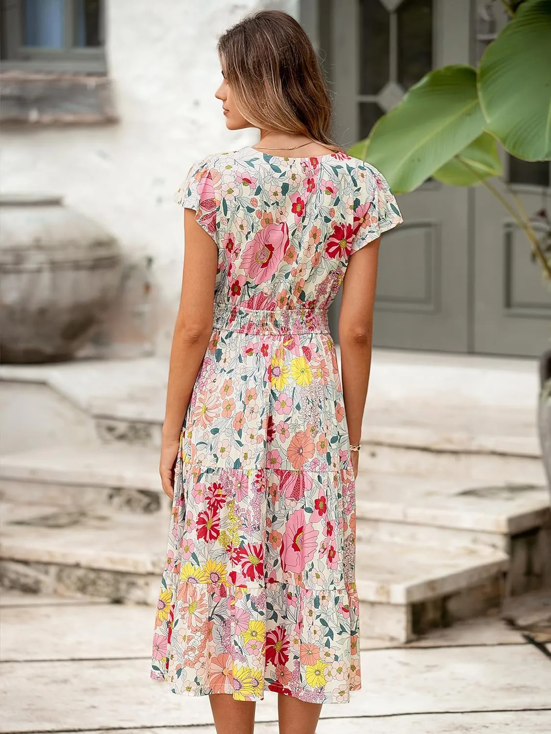BerryGo Women's Floral Boho Ruffle Summer Midi Dress Short Sleeve V Neck Empire Waist Swing Flowy Dress