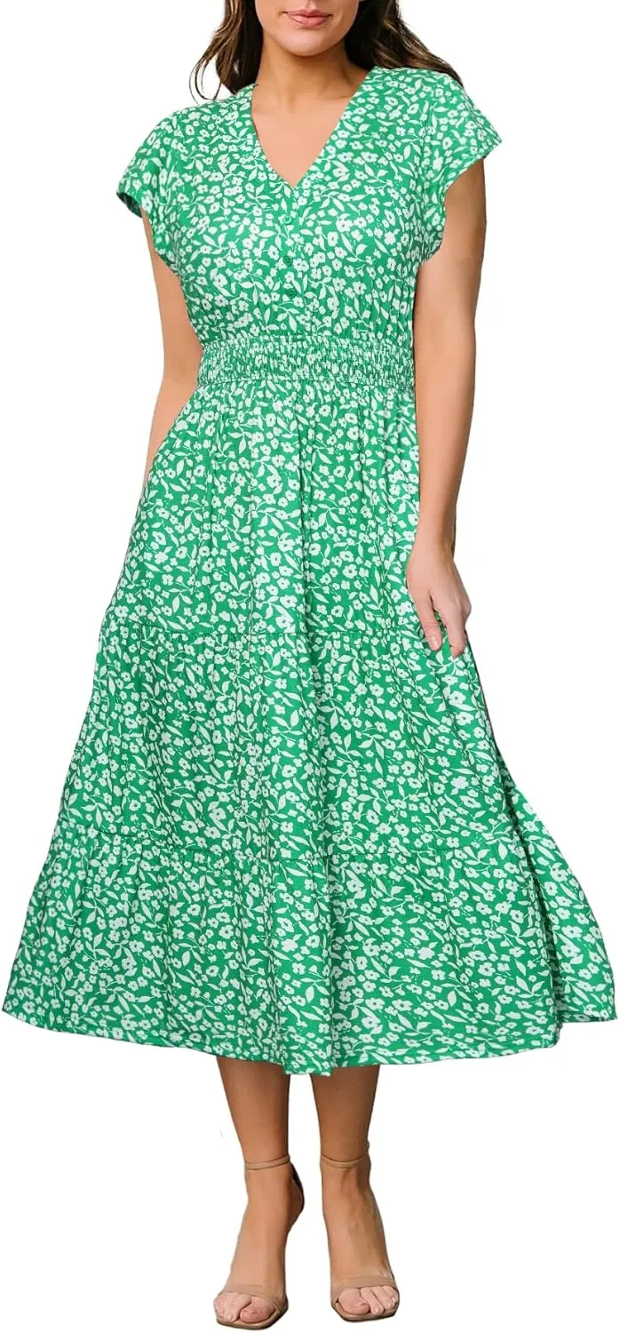 BerryGo Women's Floral Boho Ruffle Summer Midi Dress Short Sleeve V Neck Empire Waist Swing Flowy Dress