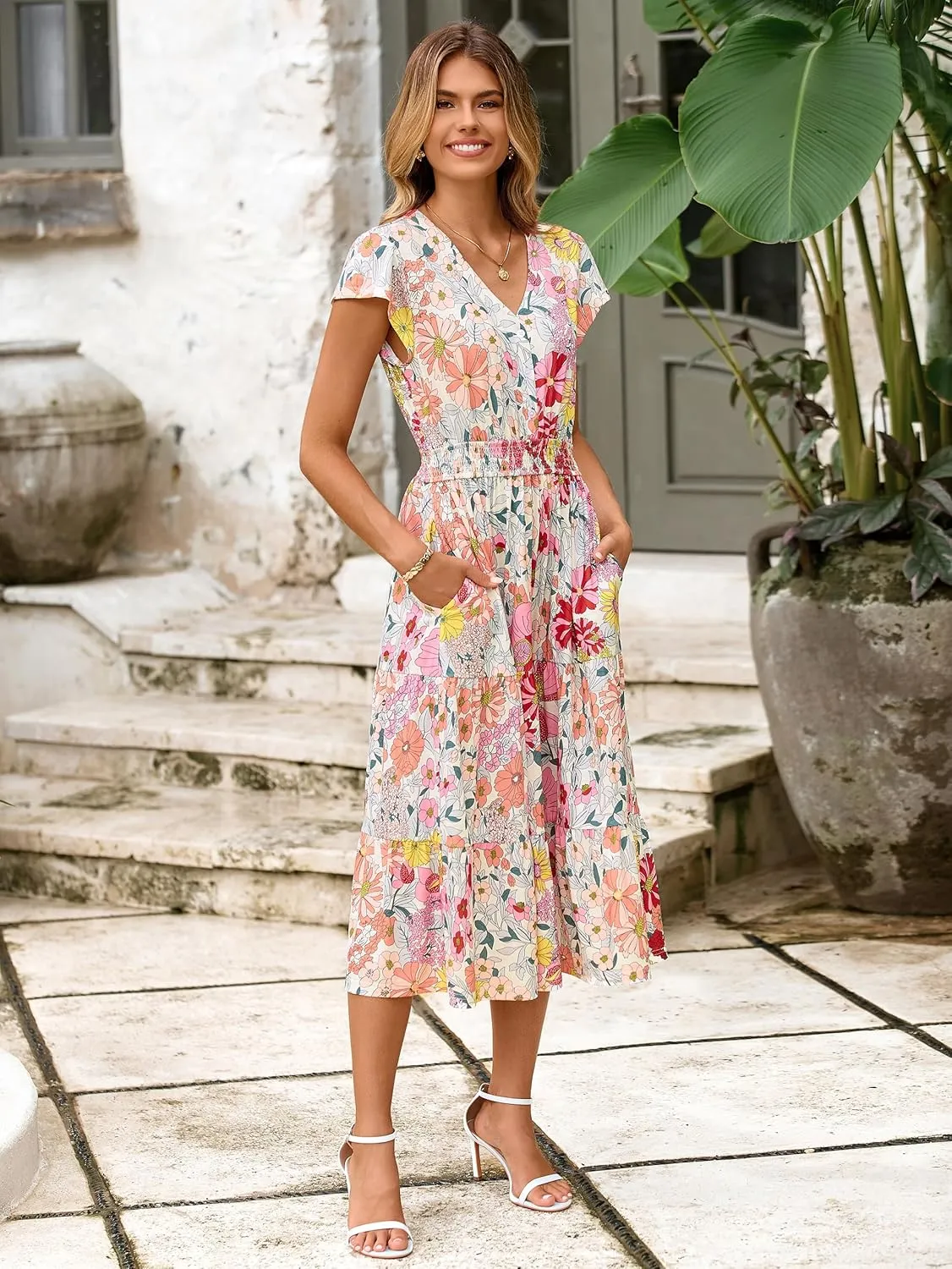 BerryGo Women's Floral Boho Ruffle Summer Midi Dress Short Sleeve V Neck Empire Waist Swing Flowy Dress