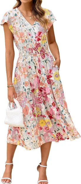 BerryGo Women's Floral Boho Ruffle Summer Midi Dress Short Sleeve V Neck Empire Waist Swing Flowy Dress