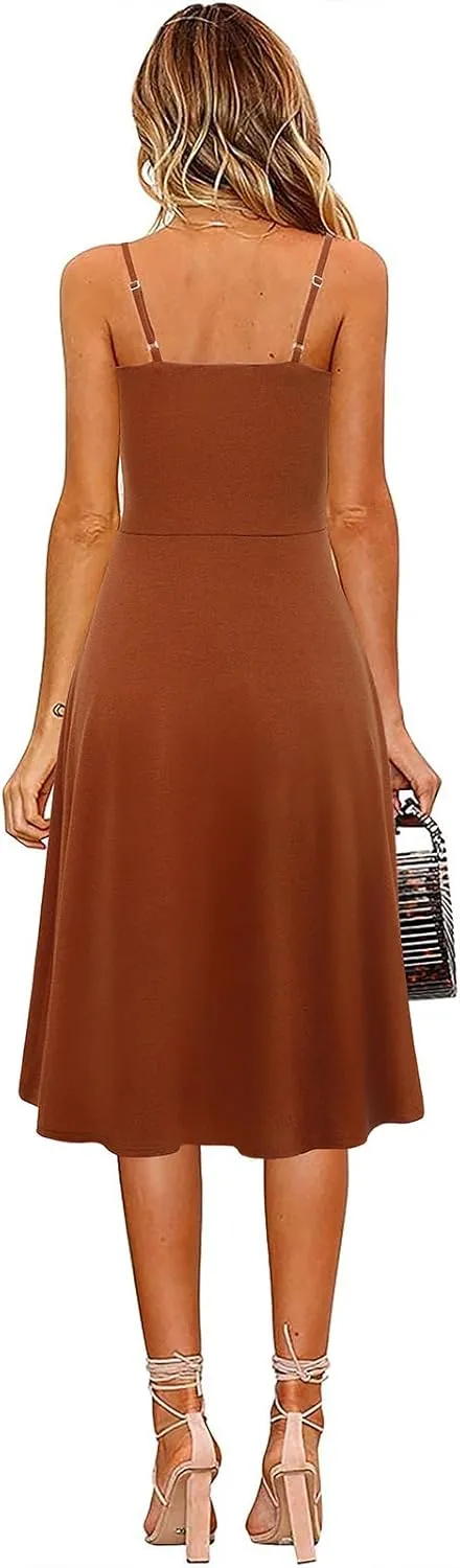 Berydress Women's Casual Beach Summer Dresses 2025 Solid Cotton Flattering A-Line Spaghetti Strap Button Down Midi Sundress