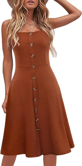 Berydress Women's Casual Beach Summer Dresses 2025 Solid Cotton Flattering A-Line Spaghetti Strap Button Down Midi Sundress
