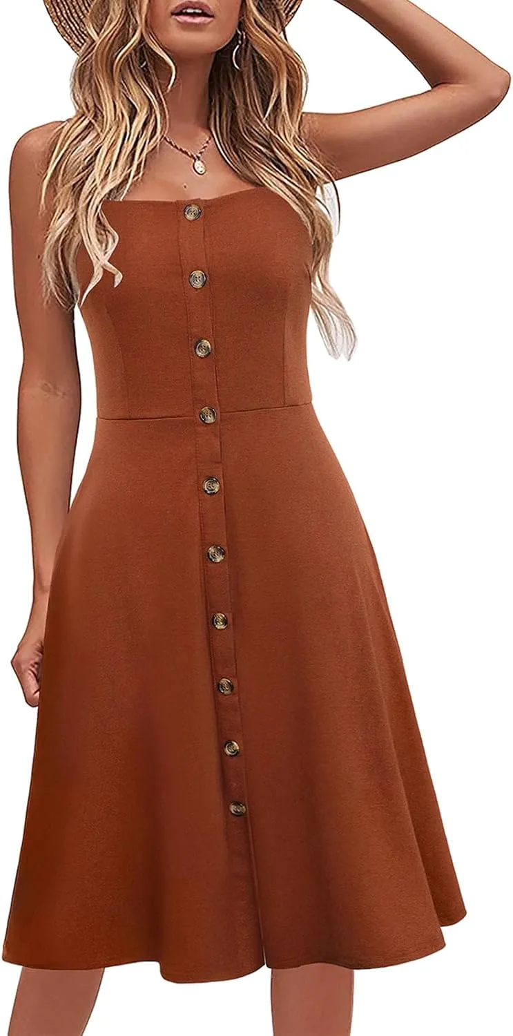 Berydress Women's Casual Beach Summer Dresses 2025 Solid Cotton Flattering A-Line Spaghetti Strap Button Down Midi Sundress