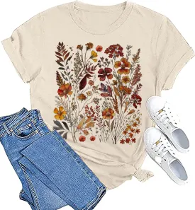 Boho Flower T-Shirt Womens Garden Lover Shirt Botanical Wildflowers Graphic Tees Vintage Cottagecore Short Sleeve Tops