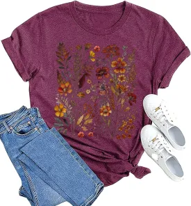 Boho Flower T-Shirt Womens Garden Lover Shirt Botanical Wildflowers Graphic Tees Vintage Cottagecore Short Sleeve Tops