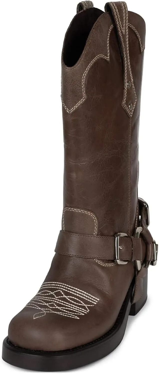 DOEYG Women's Banana Knee High Boots Square Toe Chunky Block Heel Tall Boots Wide Calf Fashion Comfortable Casual Pull on Long Boots