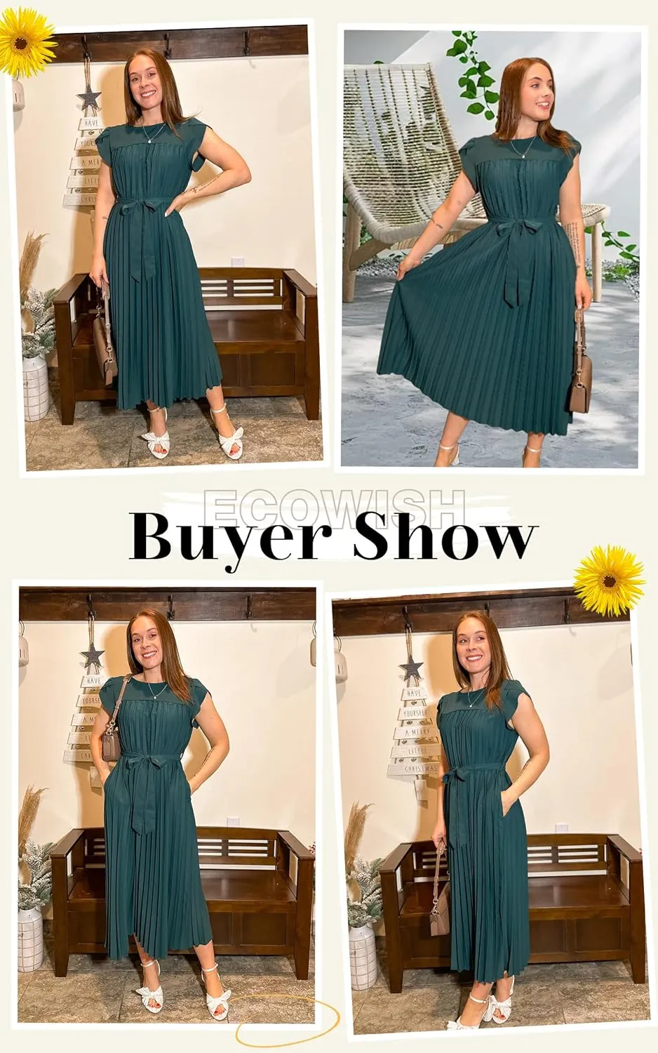 ECOWISH Women Summer Maxi Pleated Dress Casual Cap Sleeve Flowy Swing Loose Fit Midi Dresses Pocket Crew Neck Back Button