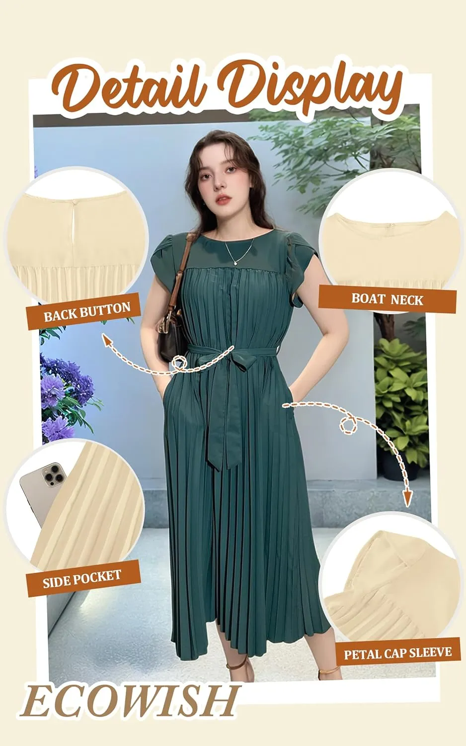 ECOWISH Women Summer Maxi Pleated Dress Casual Cap Sleeve Flowy Swing Loose Fit Midi Dresses Pocket Crew Neck Back Button