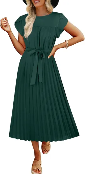 ECOWISH Women Summer Maxi Pleated Dress Casual Cap Sleeve Flowy Swing Loose Fit Midi Dresses Pocket Crew Neck Back Button