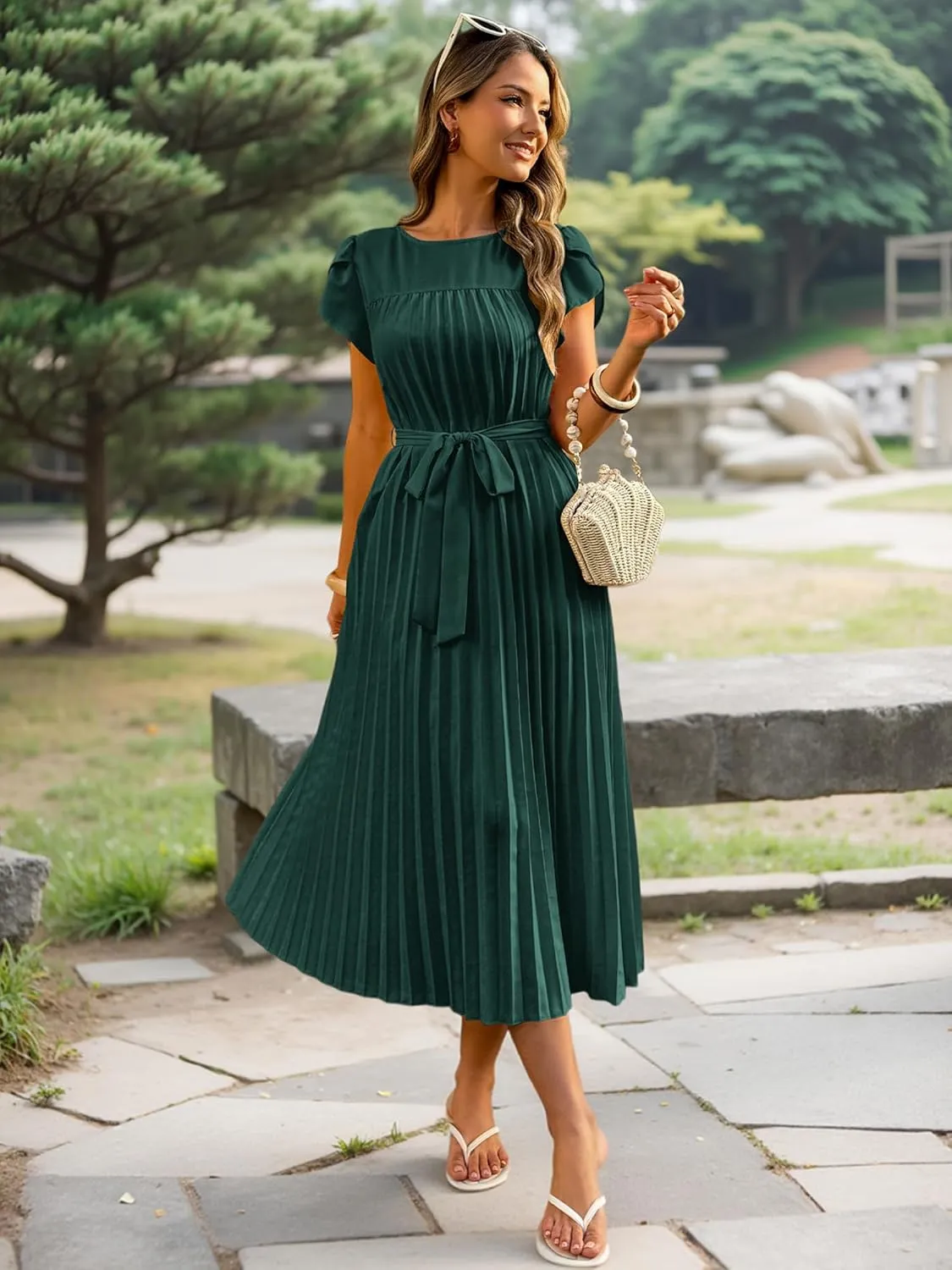 ECOWISH Women Summer Maxi Pleated Dress Casual Cap Sleeve Flowy Swing Loose Fit Midi Dresses Pocket Crew Neck Back Button