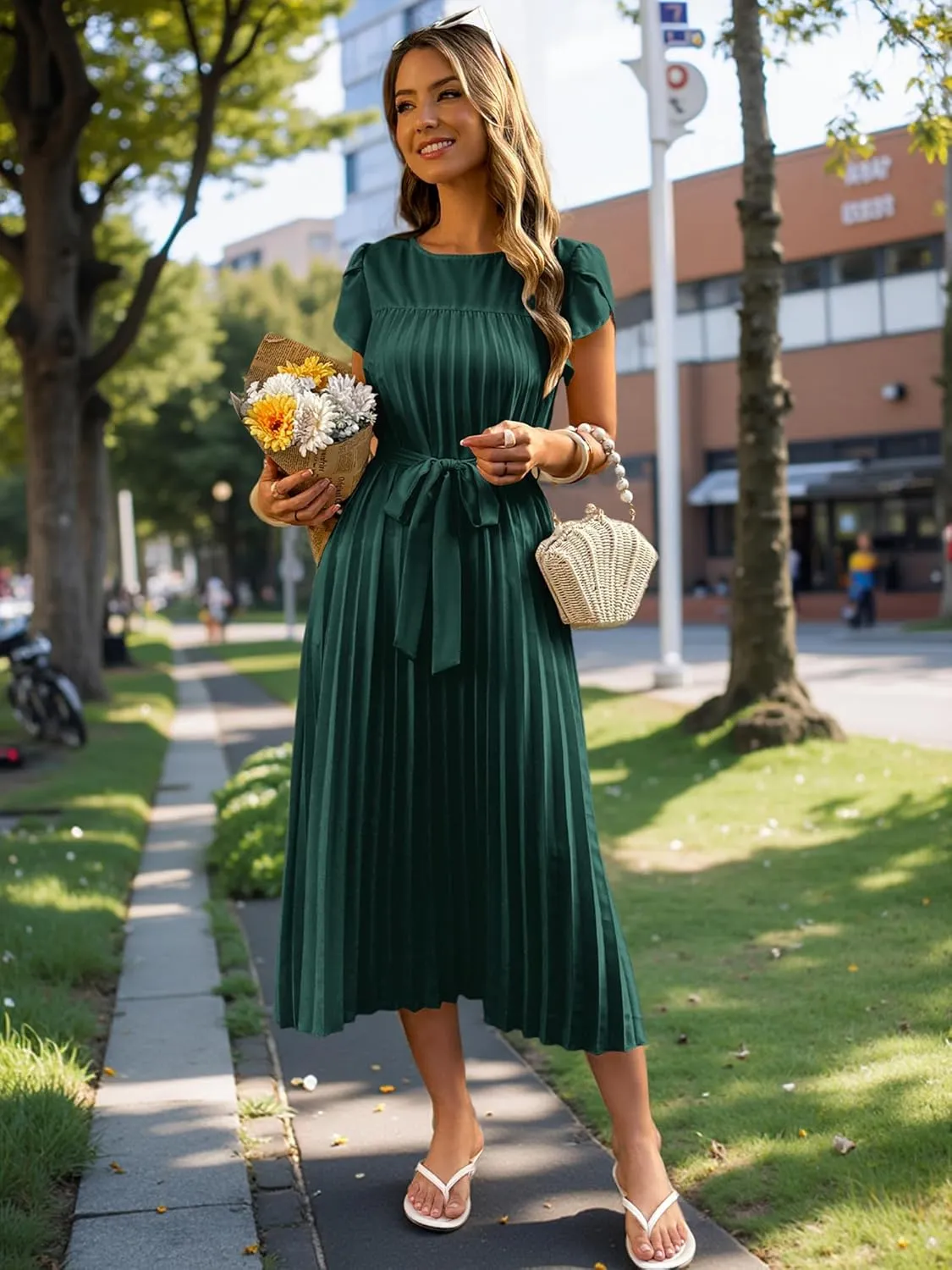 ECOWISH Women Summer Maxi Pleated Dress Casual Cap Sleeve Flowy Swing Loose Fit Midi Dresses Pocket Crew Neck Back Button