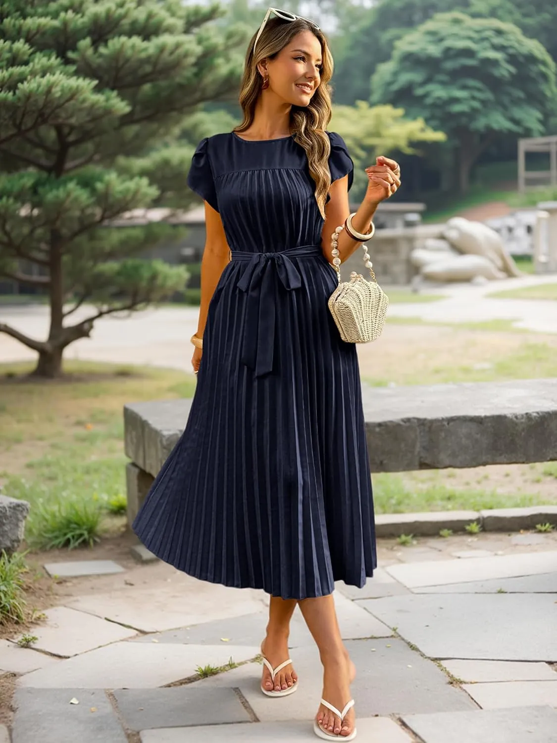 ECOWISH Women Summer Maxi Pleated Dress Casual Cap Sleeve Flowy Swing Loose Fit Midi Dresses Pocket Crew Neck Back Button