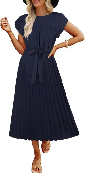 ECOWISH Women Summer Maxi Pleated Dress Casual Cap Sleeve Flowy Swing Loose Fit Midi Dresses Pocket Crew Neck Back Button