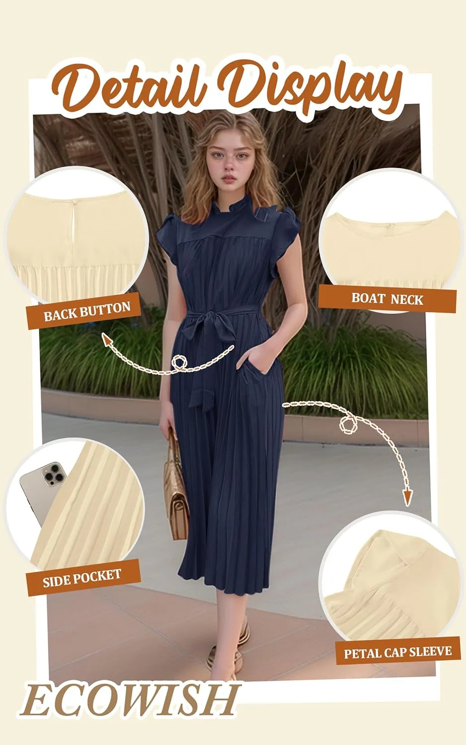ECOWISH Women Summer Maxi Pleated Dress Casual Cap Sleeve Flowy Swing Loose Fit Midi Dresses Pocket Crew Neck Back Button
