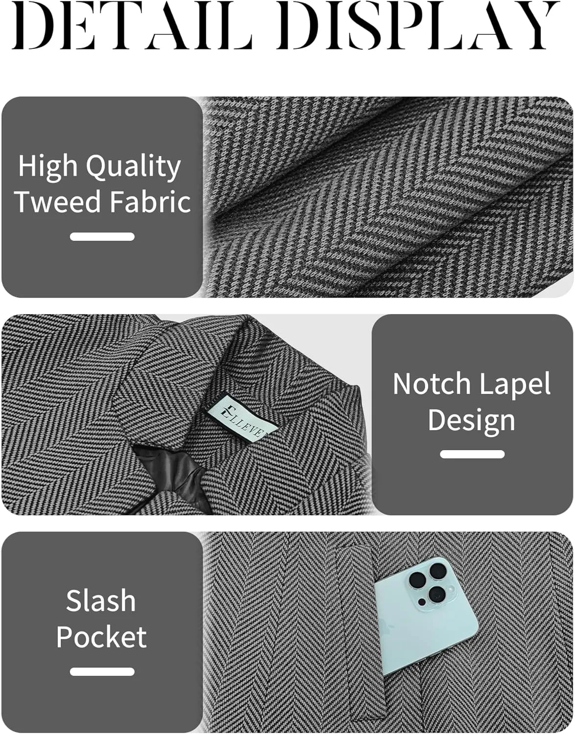ELLEVEN Womens Open Front Herringbone Blazer-Business Casual Long Sleeve Work Jacket with Full Lining and Padded Shoulders