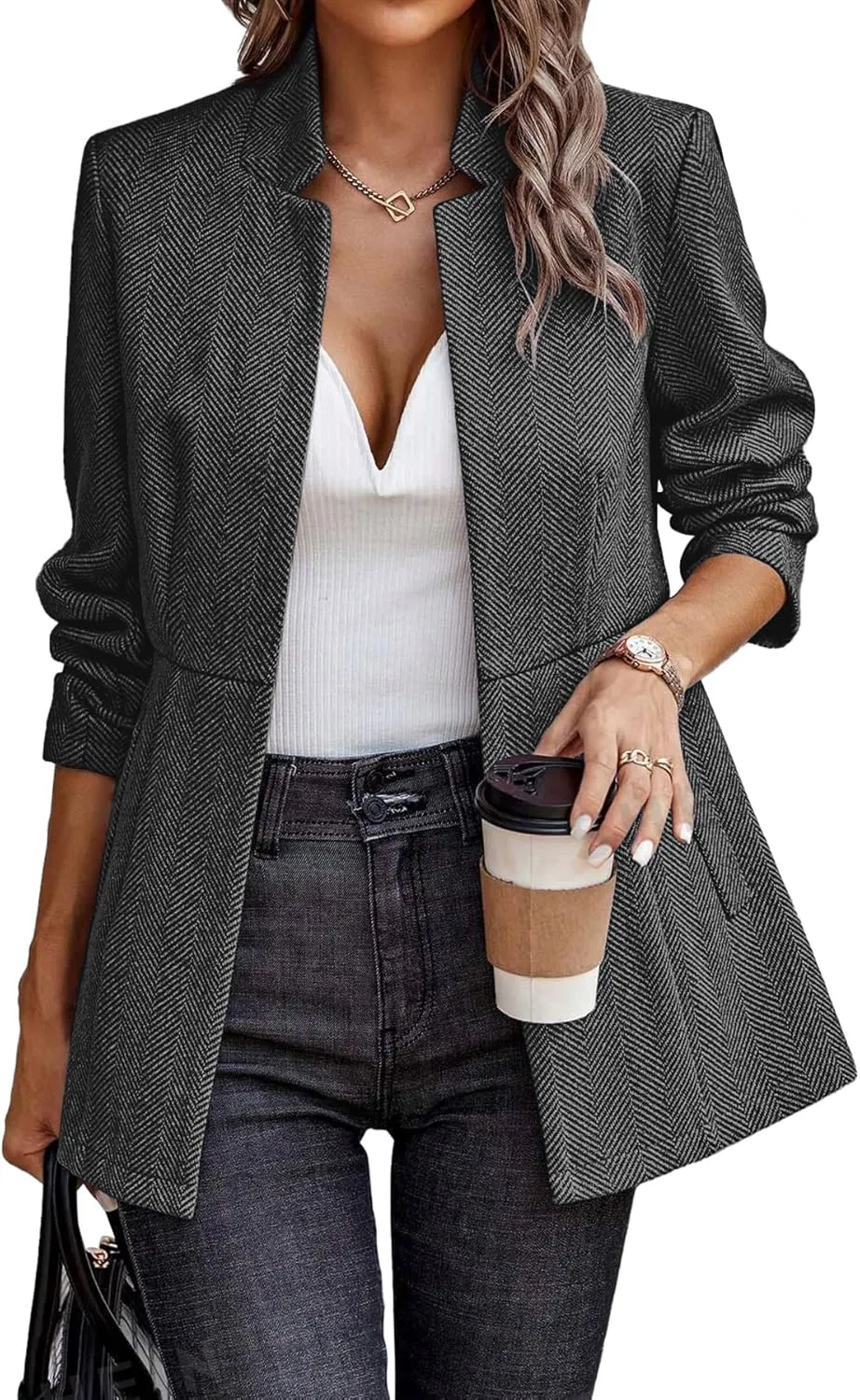 ELLEVEN Womens Open Front Herringbone Blazer-Business Casual Long Sleeve Work Jacket with Full Lining and Padded Shoulders