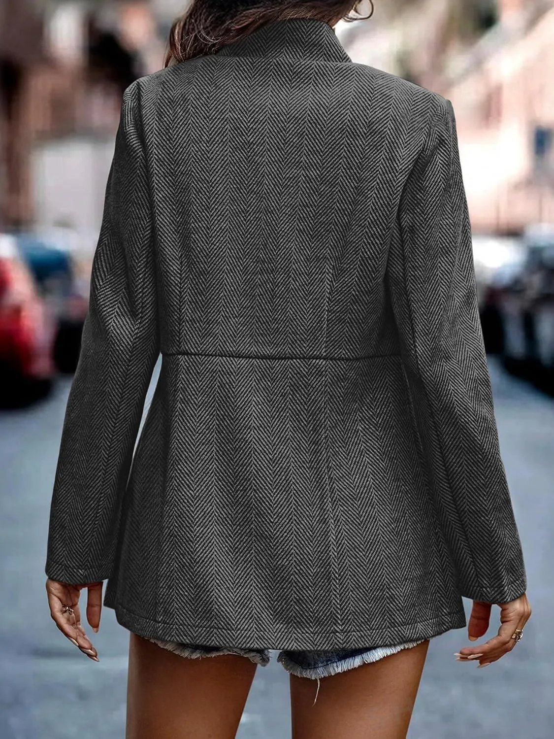ELLEVEN Womens Open Front Herringbone Blazer-Business Casual Long Sleeve Work Jacket with Full Lining and Padded Shoulders