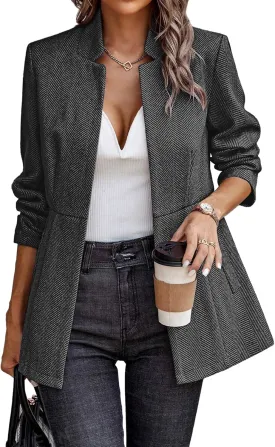 ELLEVEN Womens Open Front Herringbone Blazer-Business Casual Long Sleeve Work Jacket with Full Lining and Padded Shoulders