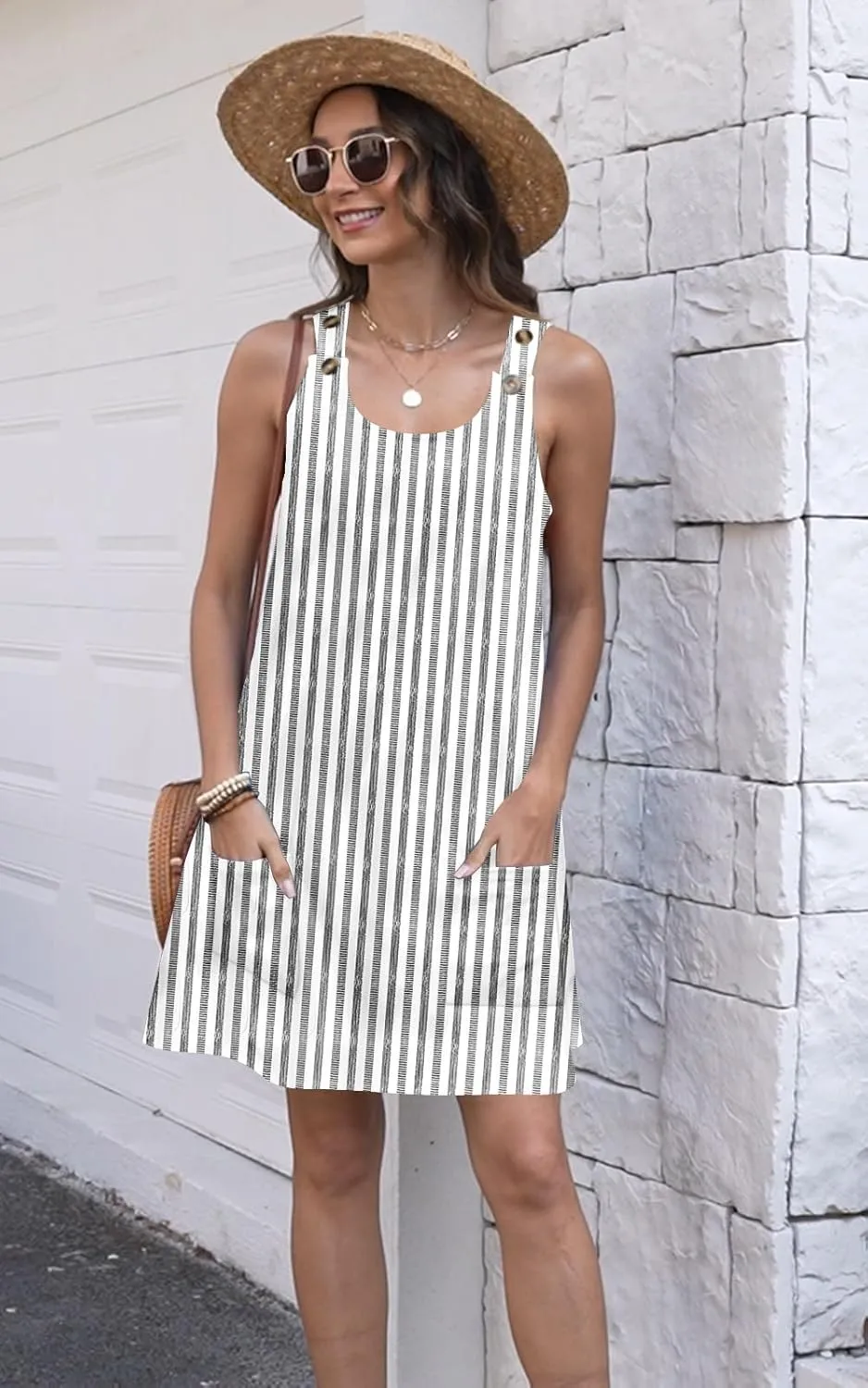 ETCYY NEW Womens Sleeveless Summer Dresses 2025 Cusual U Neck Sundresses Striped Printed Short Dress with Pocket