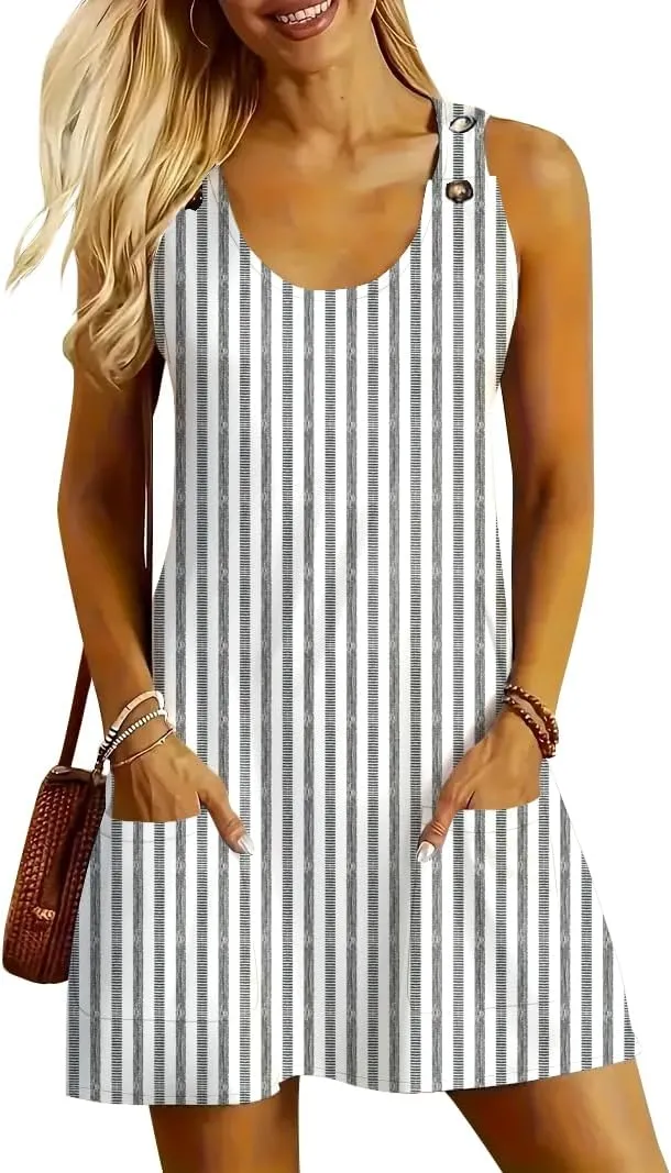 ETCYY NEW Womens Sleeveless Summer Dresses 2025 Cusual U Neck Sundresses Striped Printed Short Dress with Pocket