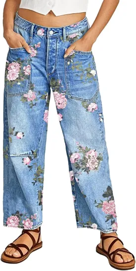 Flamingals Cropped Jeans for Women Trendy Mid Rise Straight Leg Floral Print Denim Ankle Pants with Patch Pocket
