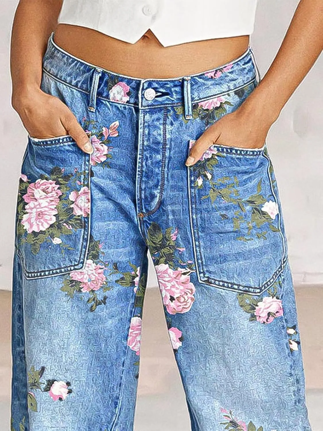 Flamingals Cropped Jeans for Women Trendy Mid Rise Straight Leg Floral Print Denim Ankle Pants with Patch Pocket
