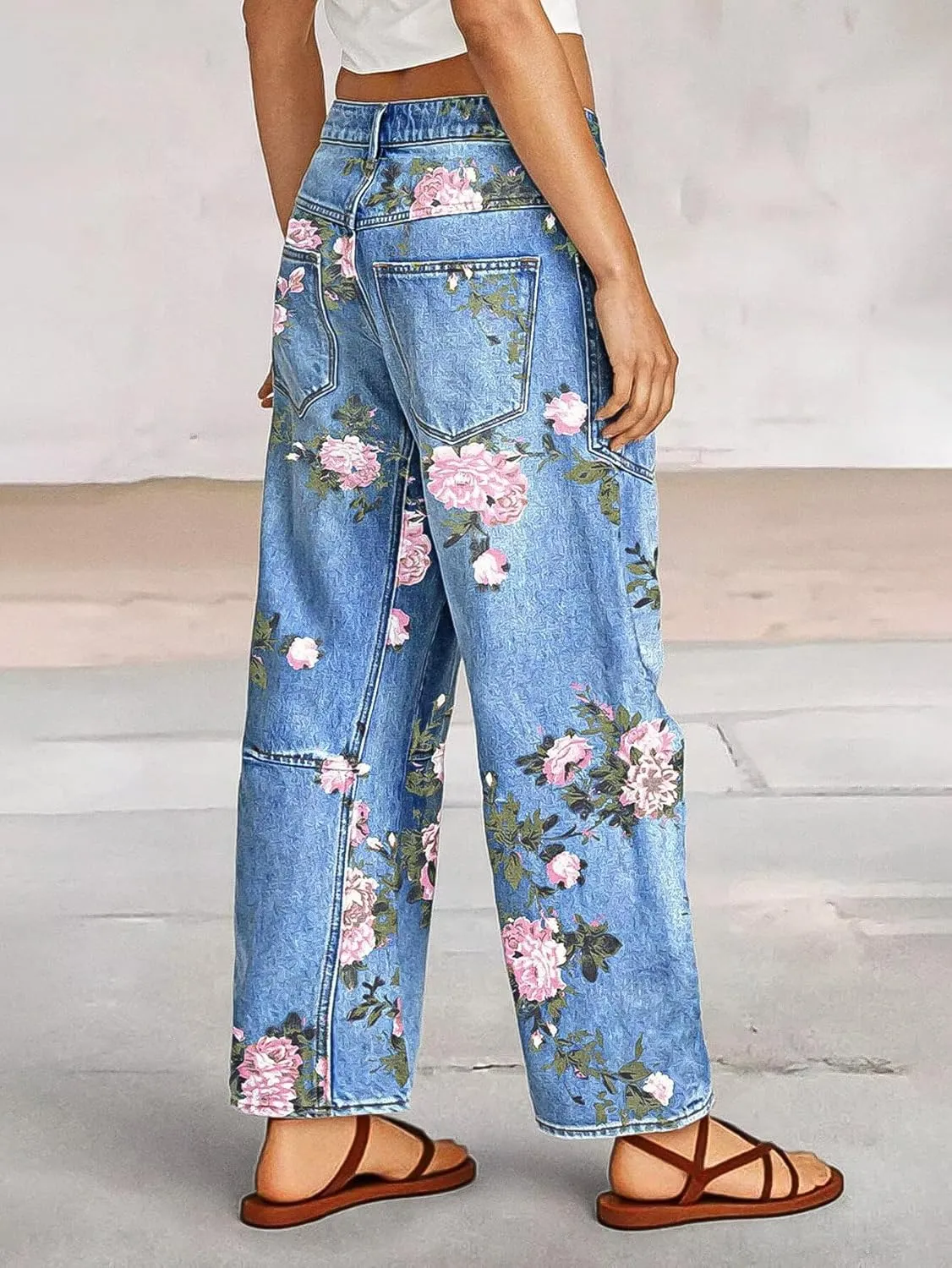 Flamingals Cropped Jeans for Women Trendy Mid Rise Straight Leg Floral Print Denim Ankle Pants with Patch Pocket