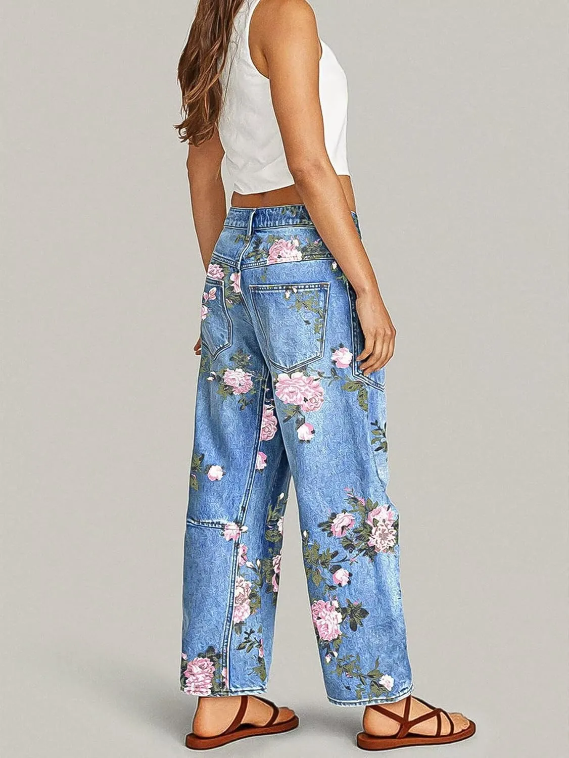 Flamingals Cropped Jeans for Women Trendy Mid Rise Straight Leg Floral Print Denim Ankle Pants with Patch Pocket