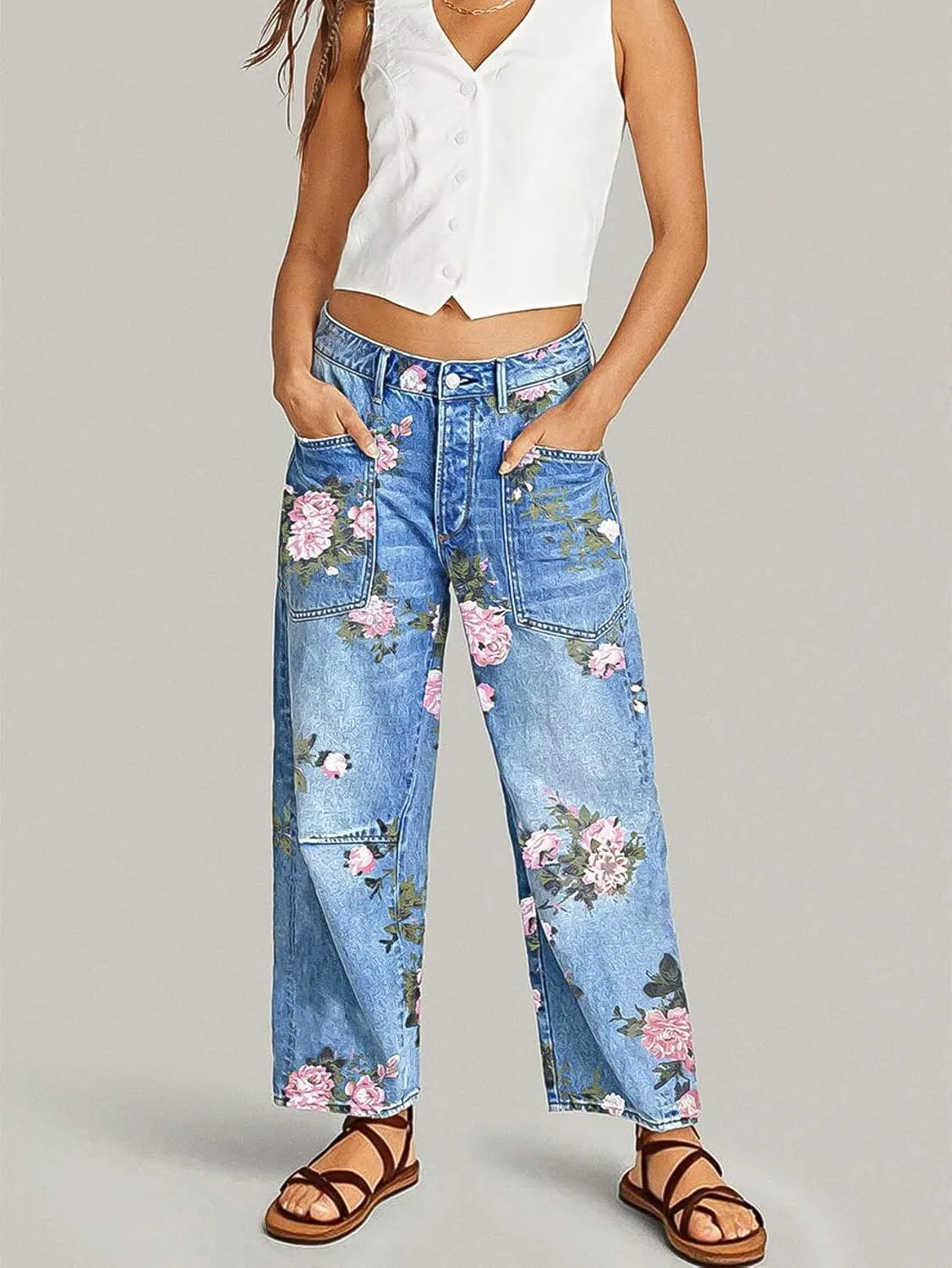 Flamingals Cropped Jeans for Women Trendy Mid Rise Straight Leg Floral Print Denim Ankle Pants with Patch Pocket
