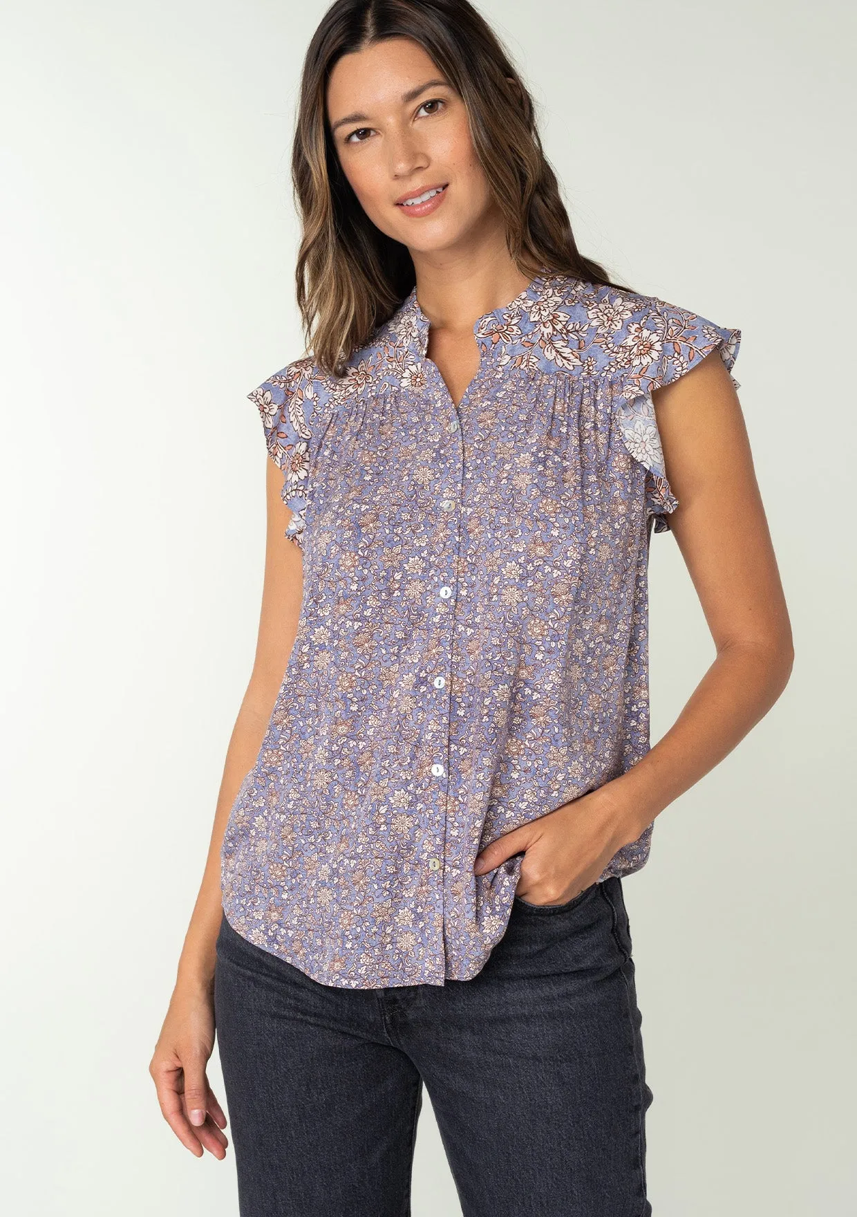 Floral Flutter Cap Sleeve Button Down Blouse