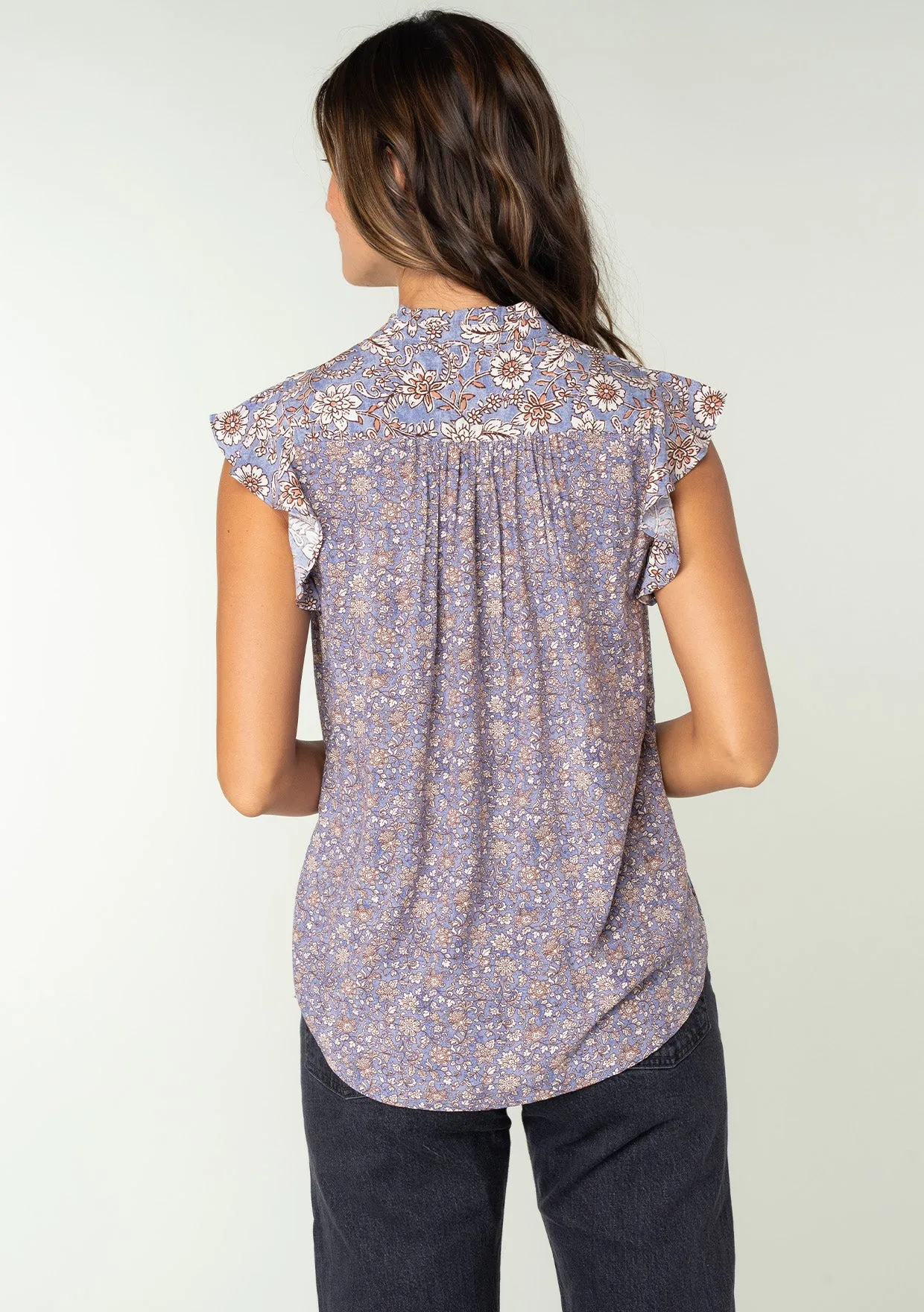 Floral Flutter Cap Sleeve Button Down Blouse