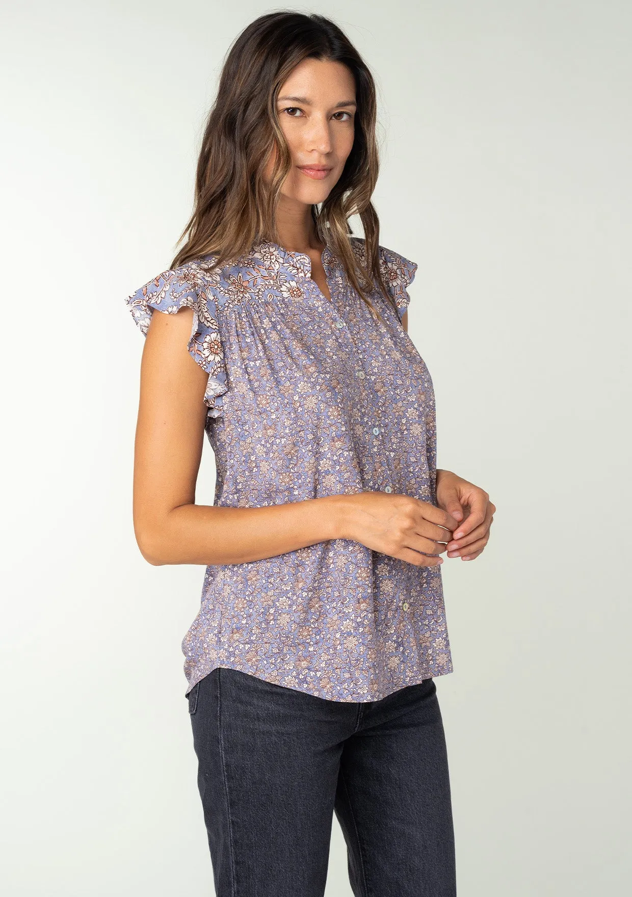 Floral Flutter Cap Sleeve Button Down Blouse