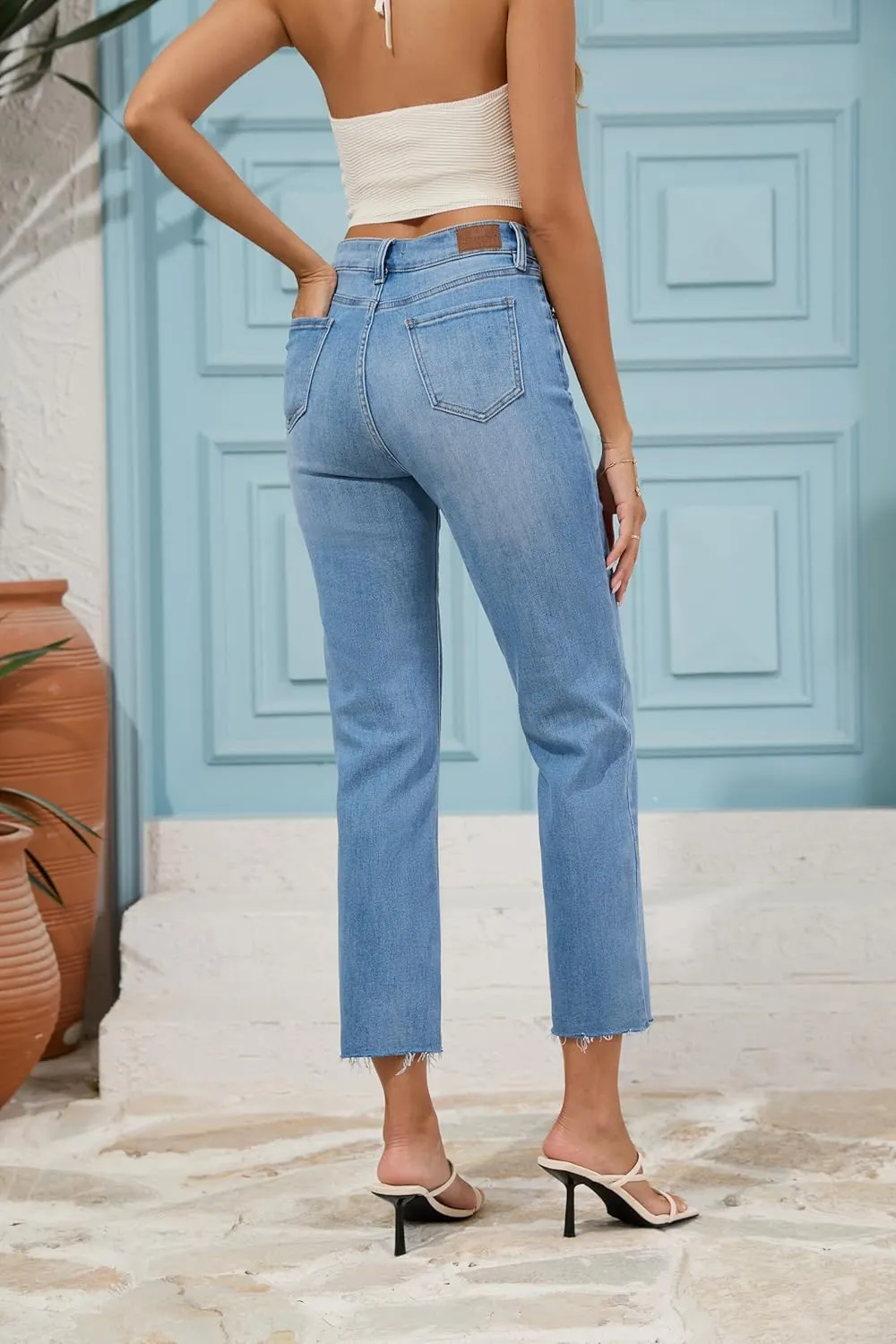 FLYING BANANA Women's High Waisted Straight Slim Ankle Stretch Denim Trendy Jeans