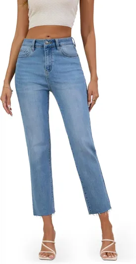 FLYING BANANA Women's High Waisted Straight Slim Ankle Stretch Denim Trendy Jeans