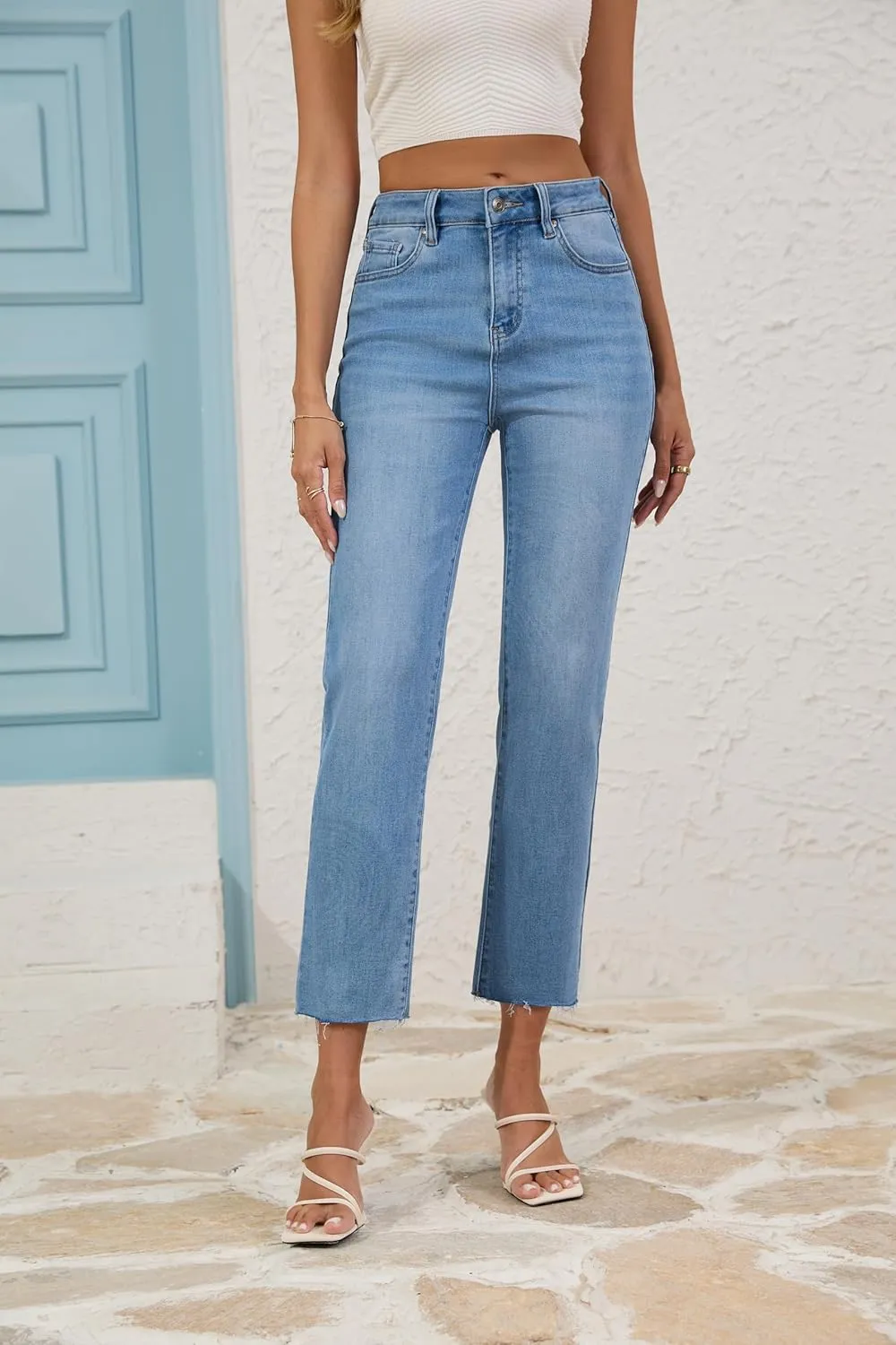 FLYING BANANA Women's High Waisted Straight Slim Ankle Stretch Denim Trendy Jeans