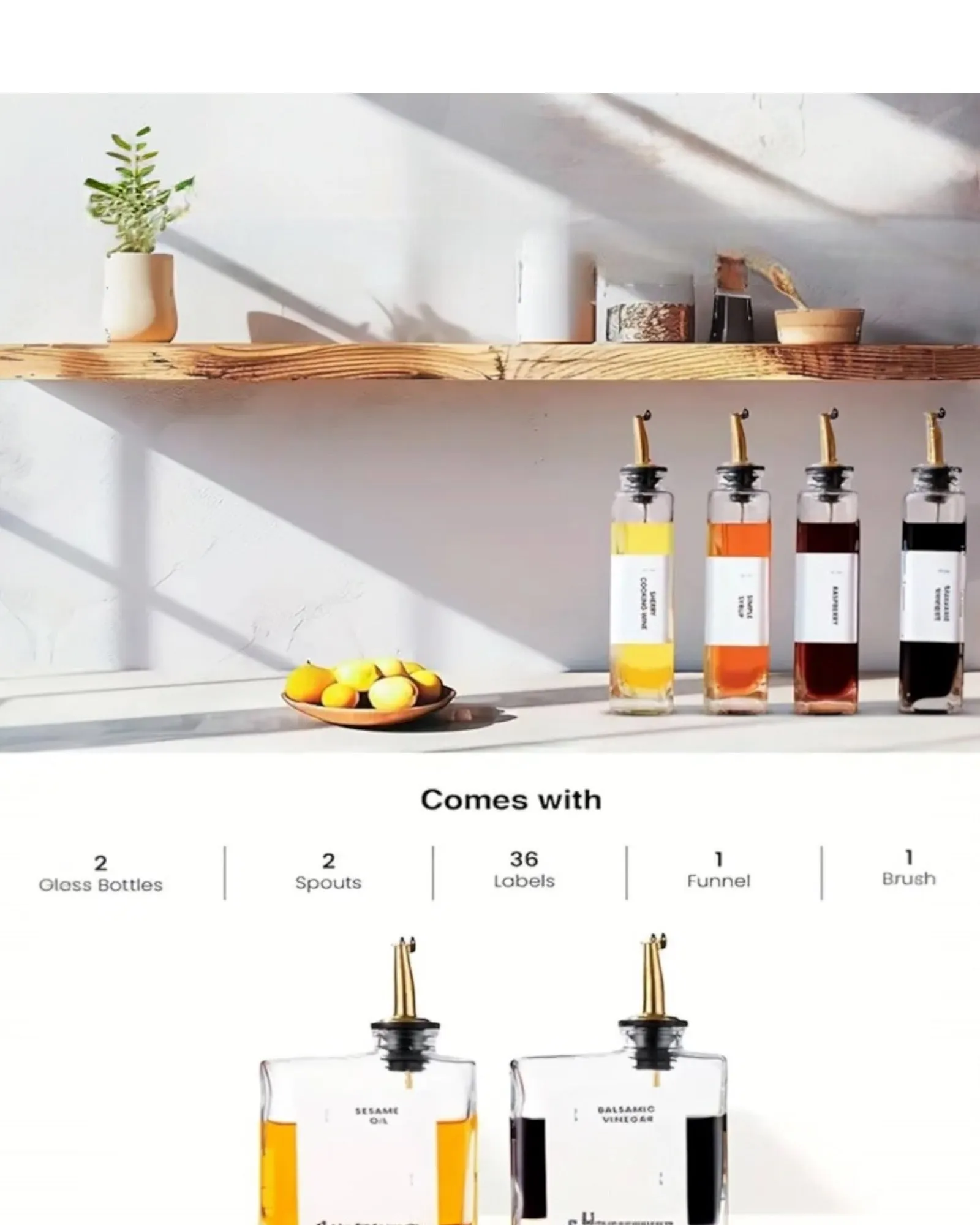 Gold Glass Oil Pourer Bottles and Label Set