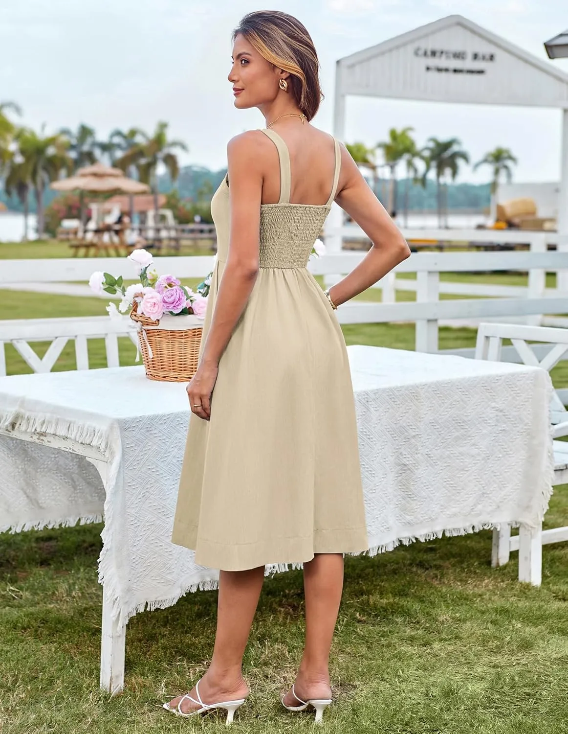 GRACE KARIN Women's Summer Dress 2025 Casual Square Neck Flattering A-Line Button Down Midi Tank Sundress with Pockets