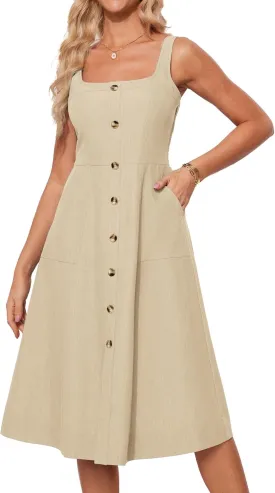 GRACE KARIN Women's Summer Dress 2025 Casual Square Neck Flattering A-Line Button Down Midi Tank Sundress with Pockets