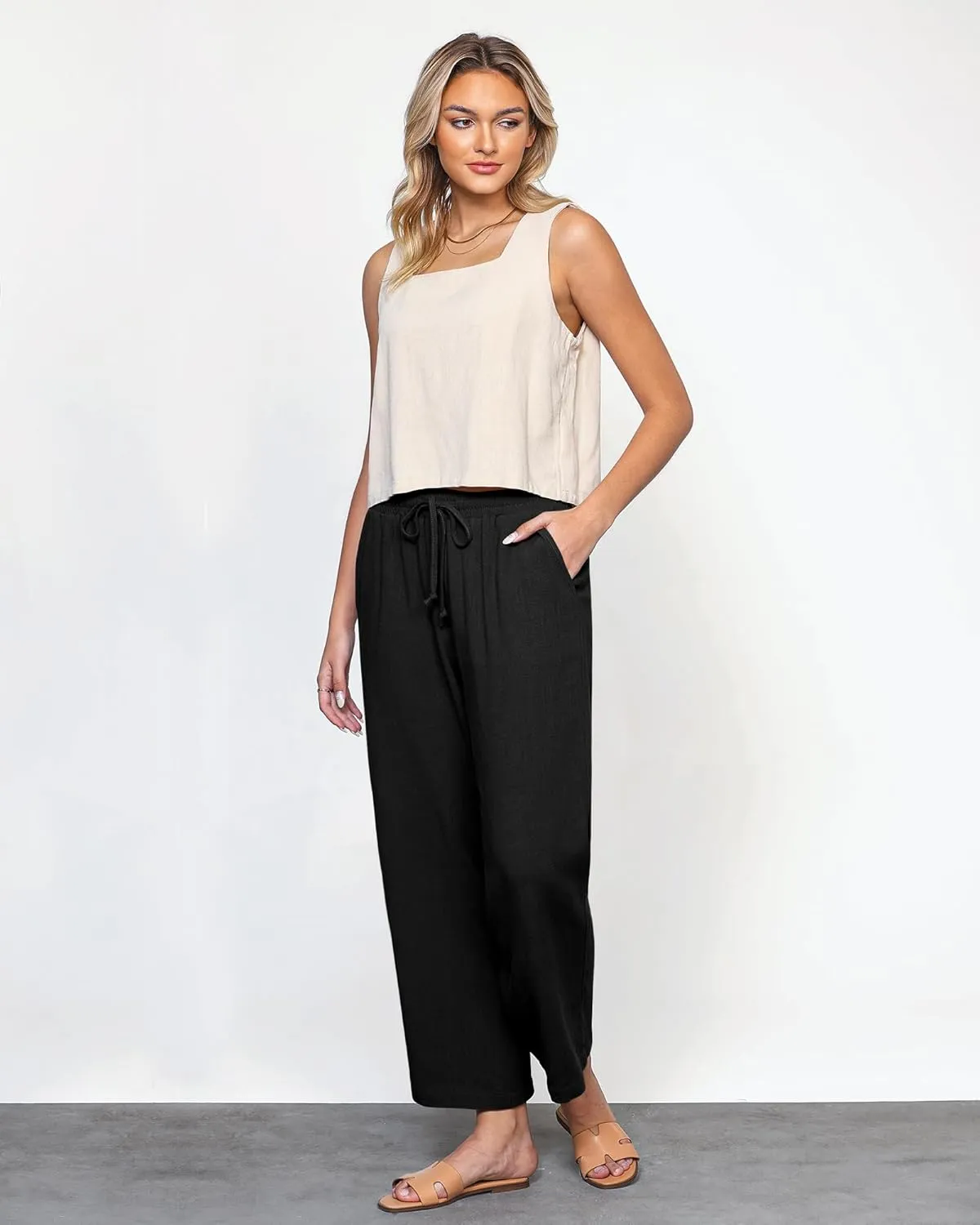 GRAPENT Linen Pants for Women High Waisted Wide Leg Capri Elastic Waist Casual Beach Flowy Cropped Summer Capris Pants