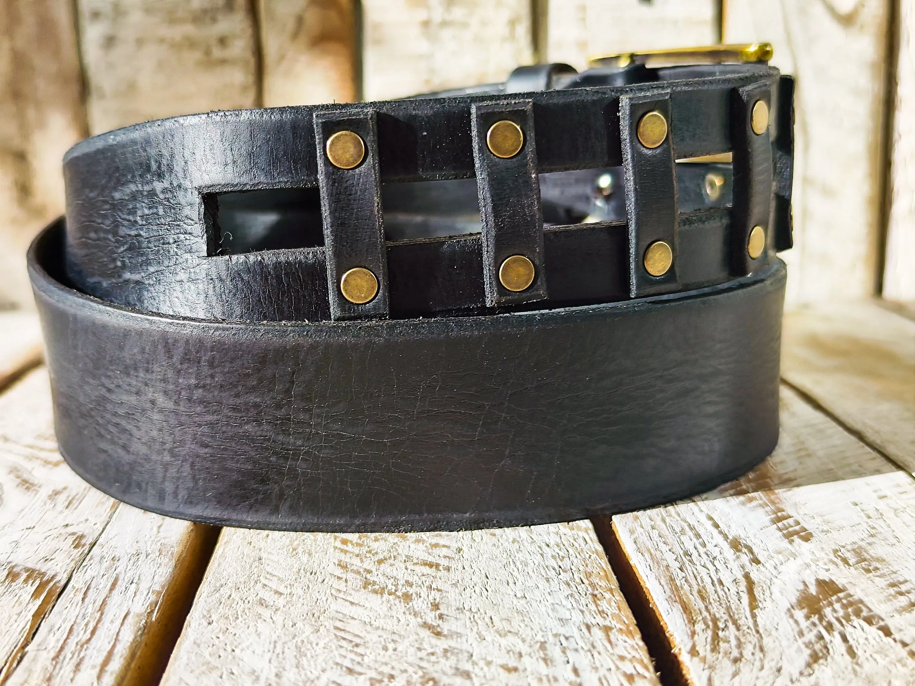 Handmade Black Leather Studded Rocker Belt - Artisan Quality for Men - Unique Design - Perfect for Rocker Style