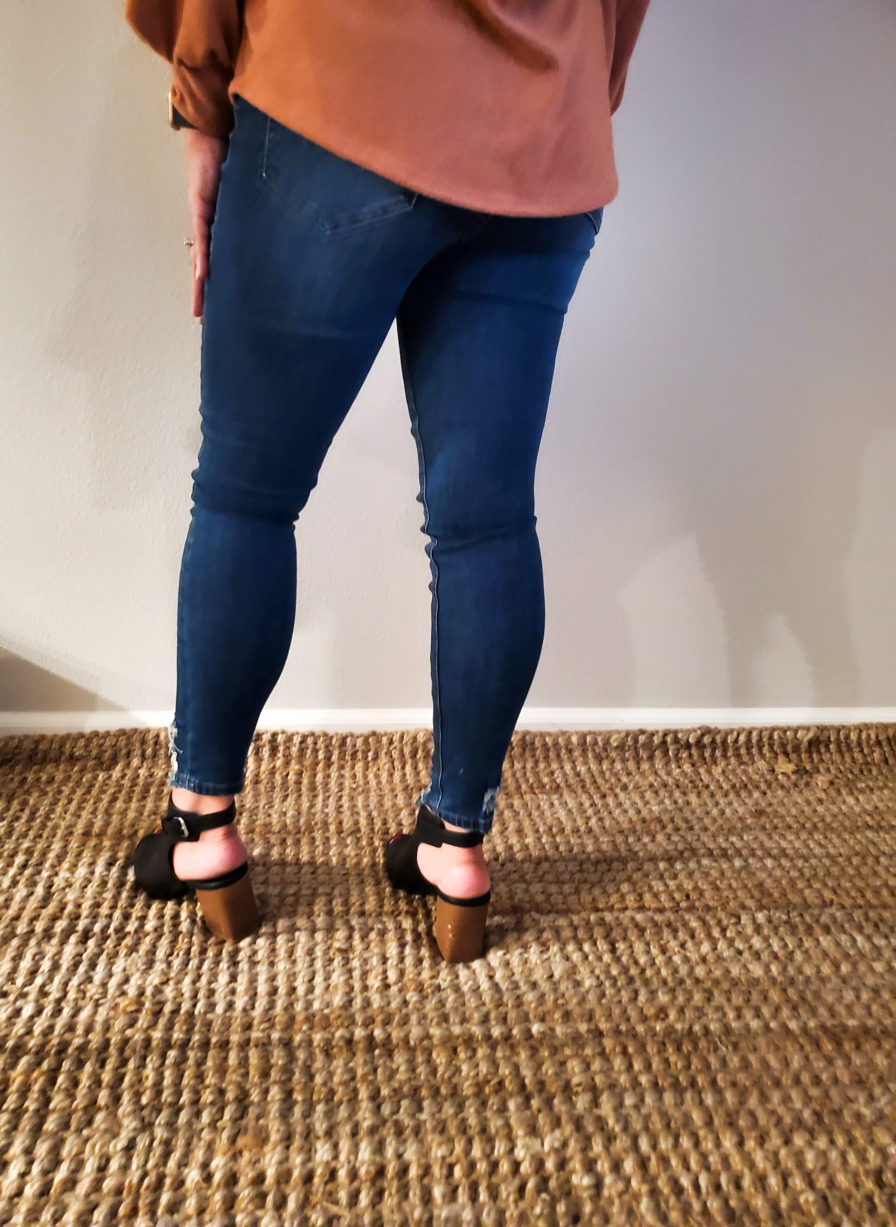 High Rise Dark Blue Distressed  Hems Skinny Jeans