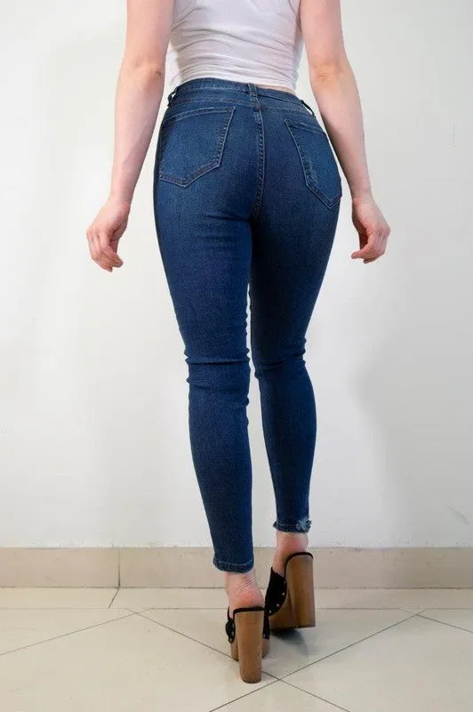 High Rise Dark Blue Distressed  Hems Skinny Jeans