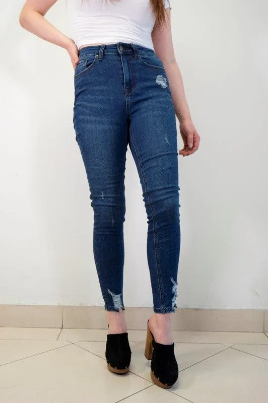 High Rise Dark Blue Distressed  Hems Skinny Jeans