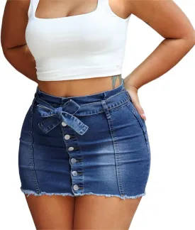 Jean Skirts for Women Denim Mini High Stretchy High Waisted Casual Raw Hem Button Front Tie Jean Pencil Skirt 2025 Trendy